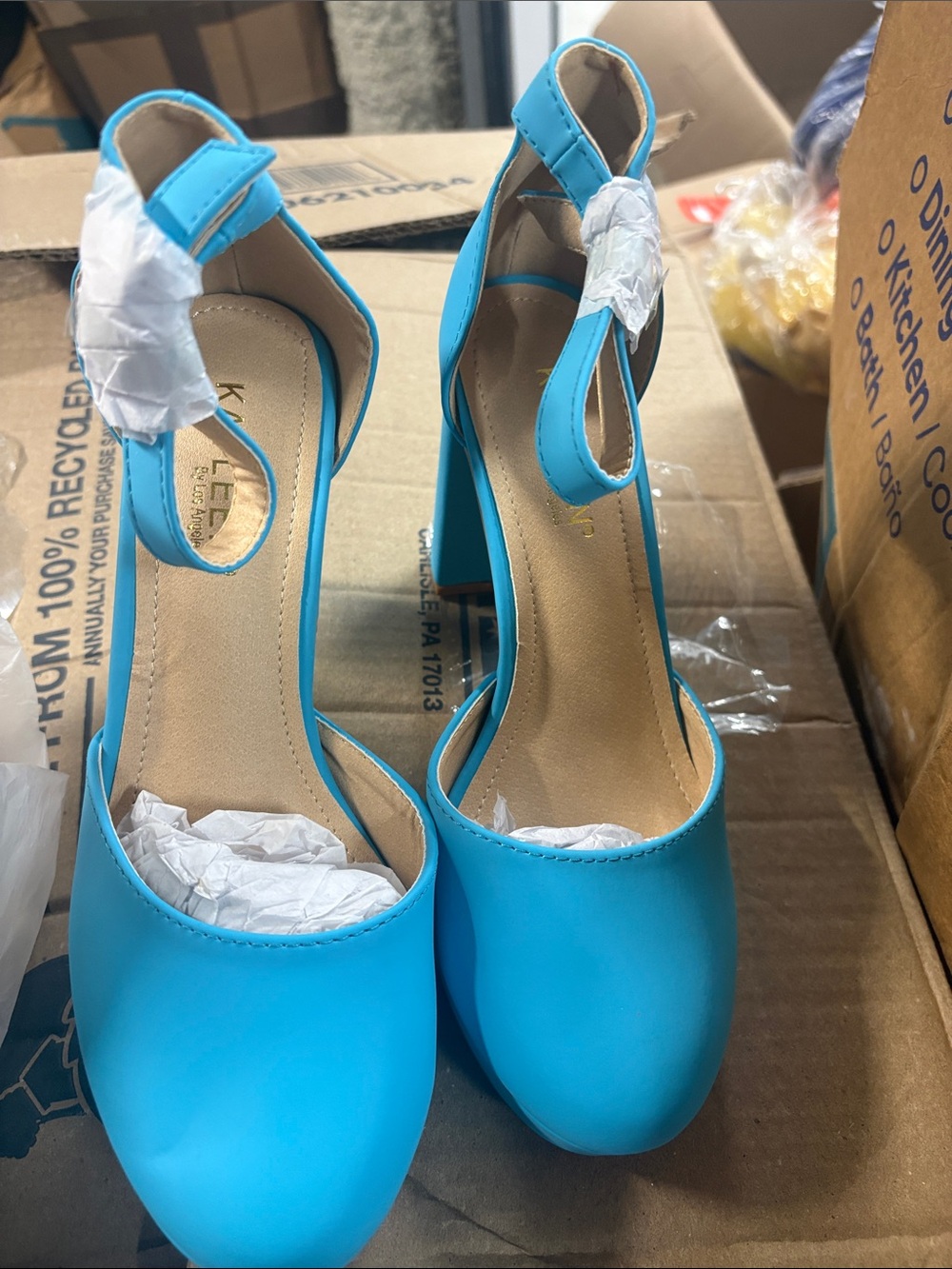 KAYLEEN By Los Angeles Turquoise Ankle-Strap Block Heel Pumps